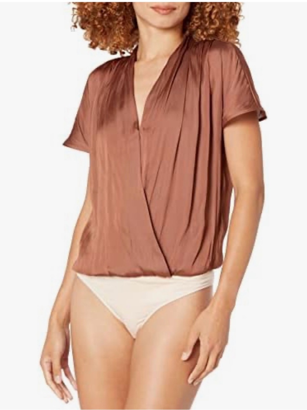 PAIGE Satin Surplice Bodysuit in Dusty Brown